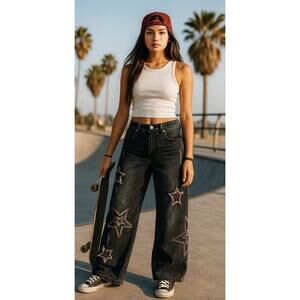 Hot Topic Black Denim Baggy Y2K Skater Grunge Star Embroidered Distressed Jeans